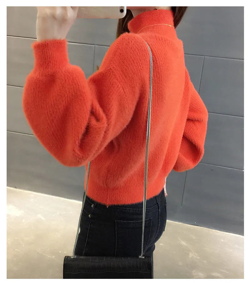 Autunno/Inverno Donna Maglione Pullover Nuovo Mezza Dolcevita Manica Lanterna Maglione Corto Imitazione Visone Pile Maglia Maglione Top
