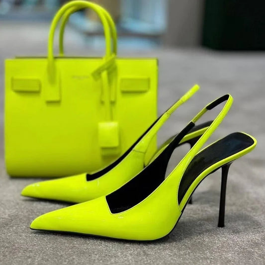 2025 Summer New High Quality Pointed Green Pink Stiletto High Heels Back Empty Women's Solid Color Elegant Sandals