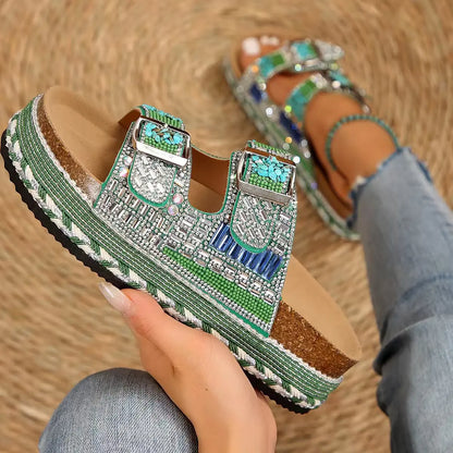 New Summer Flat Sandals Thick Bottom Hemp Rope Double Button Water Diamond Cork Beach Slippers Large Women's Slippers