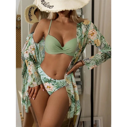 TW75018 Hot Selling Designer Badeanzug Push-up Bikini Pareo Badeanzug Langarm Vertuschung 3-teiliges Bademode-Set für Damen