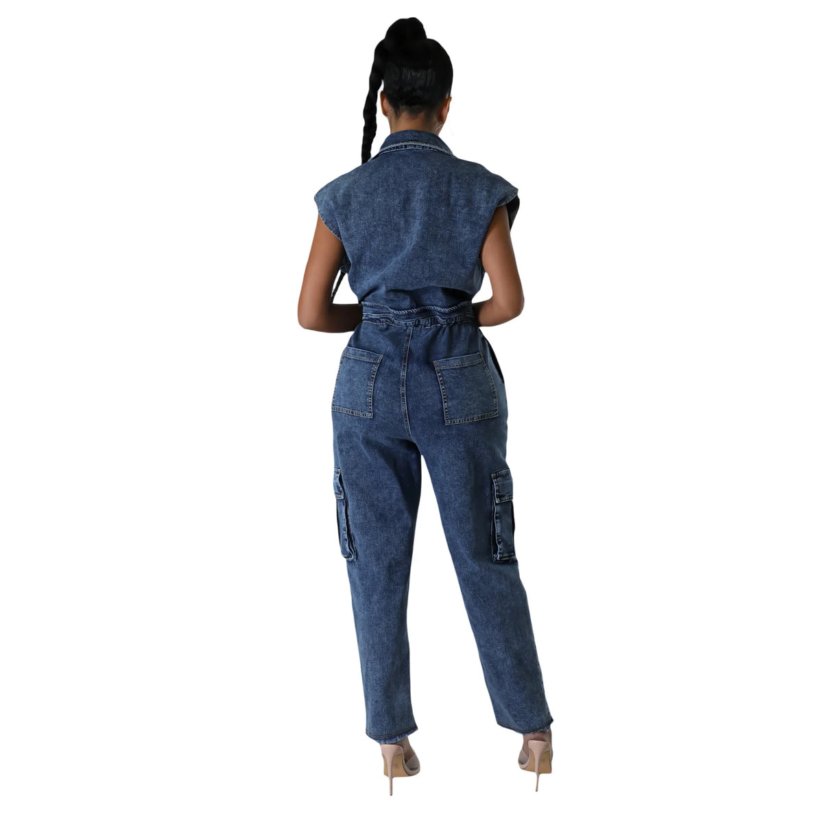 6983 Printemps Décontracté Col rabattu Sans manches Poche Ceinture Combinaison en jean coupe droite et ample Toile Lavé Séchage rapide