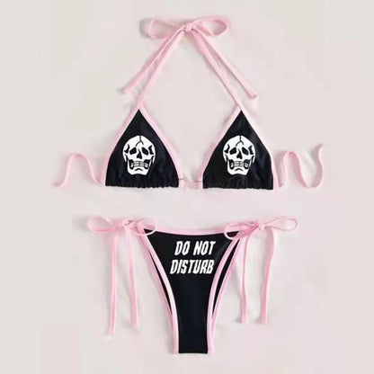 Ensemble bikini imprimé lettres gothiques punk, maillot de bain sexy 2023 pour femmes, motif tête de mort, col en V, maillot de bain tendance