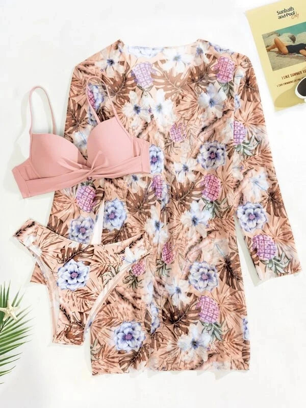 TW75018 Hot Selling Designer Badeanzug Push-up Bikini Pareo Badeanzug Langarm Vertuschung 3-teiliges Bademode-Set für Damen