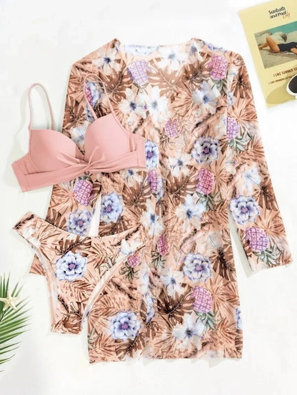 TW75018 Hot Selling Designer Badeanzug Push-up Bikini Pareo Badeanzug Langarm Vertuschung 3-teiliges Bademode-Set für Damen