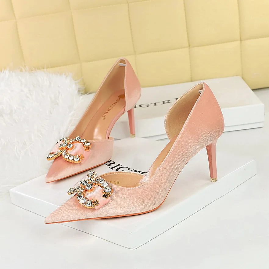 Banquet High Heels Women's Shoes Shallow Mouth Pointed Side Hollowed Out Rhinestone Pearl Bow Sandals