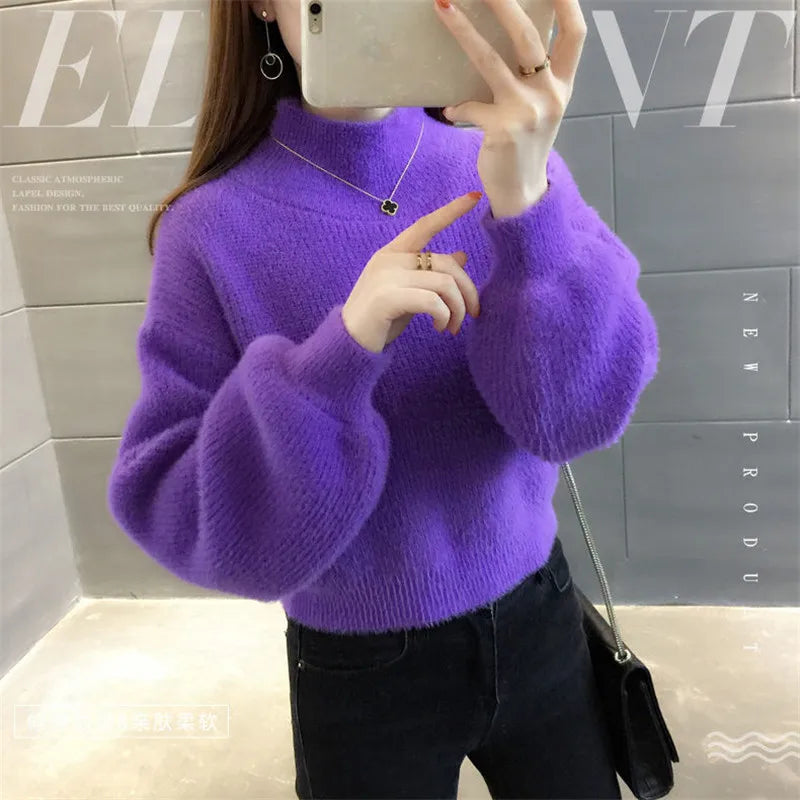 Autunno/Inverno Donna Maglione Pullover Nuovo Mezza Dolcevita Manica Lanterna Maglione Corto Imitazione Visone Pile Maglia Maglione Top