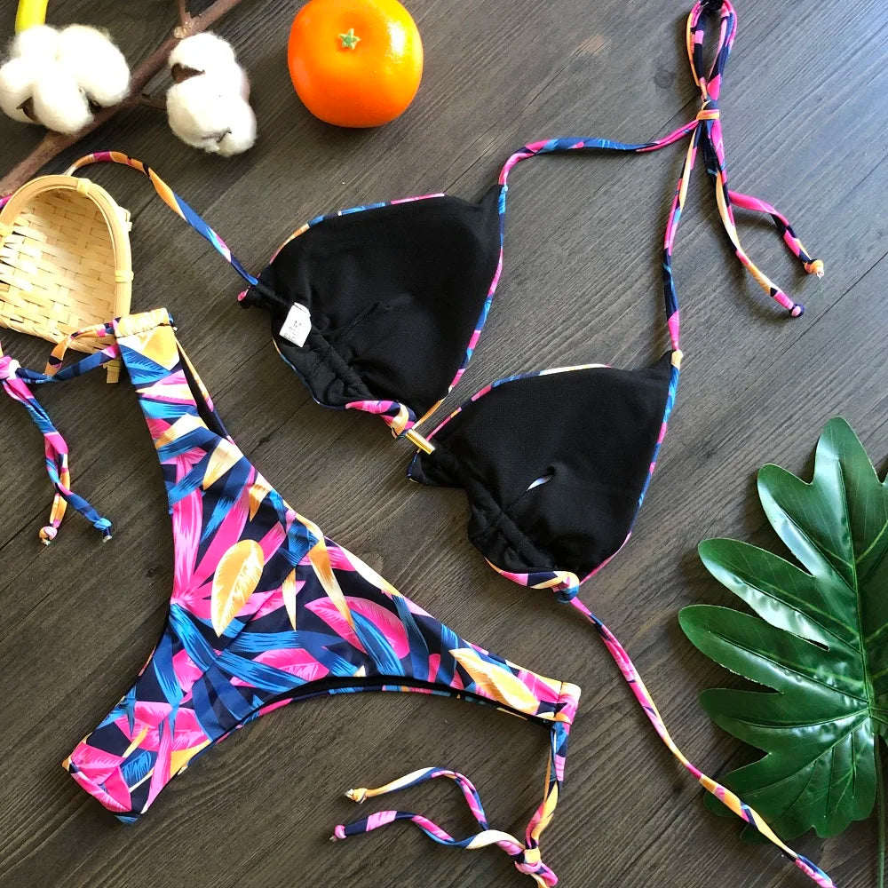 RUOTONGSEPT Sexy Micro Bikinis Set 2024 New Swimsuit Women Feather Print Bandage Swimwear Female Bathing Suit Brazilian Biquinis