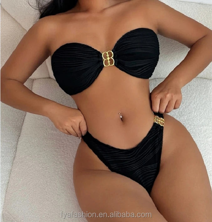 Custom Ribbed Metallic Bikini Tube Top Beachwear High Waist Bandeau Swimwear for Women 2024