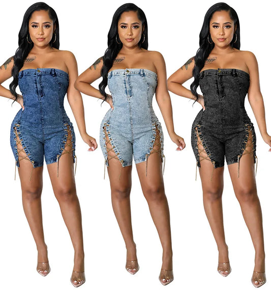 Y218117 High Quality Summer Jeans Jumpsuits Women Copper Chains Hollow Out Strapless Jeans Rompers Denim Jumpsuit for Women