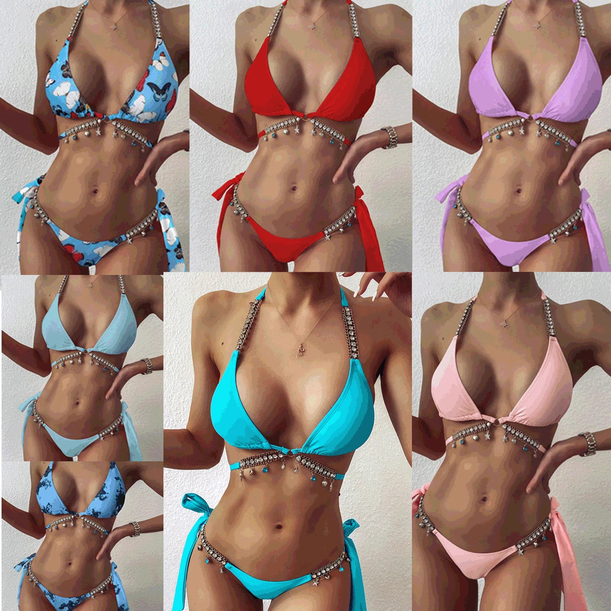 2022 Stock glänzender holografischer Tanga-Bikini Schmuck Diamant Damen Tanga-Bikini Bademode
