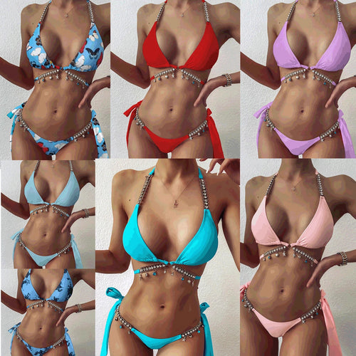 2022 Stock Shinny Holographic Thong Bikini Jewelry Diamond Women Thong Bikini Swimwear