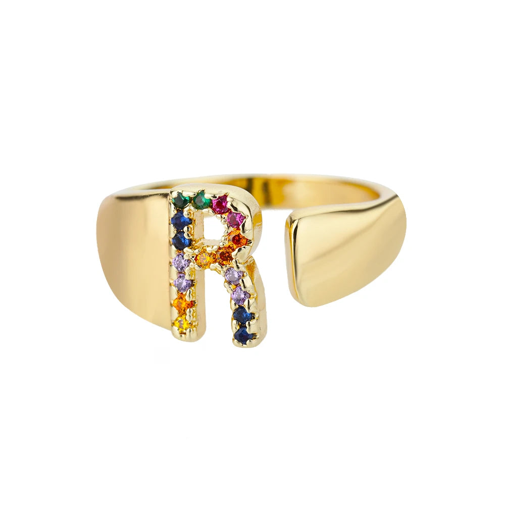 Anelli con lettera zircone arcobaleno per le donne Moda grosso lettera larga AZ anello in acciaio inossidabile matrimonio gioielli Boho spedizione gratuita