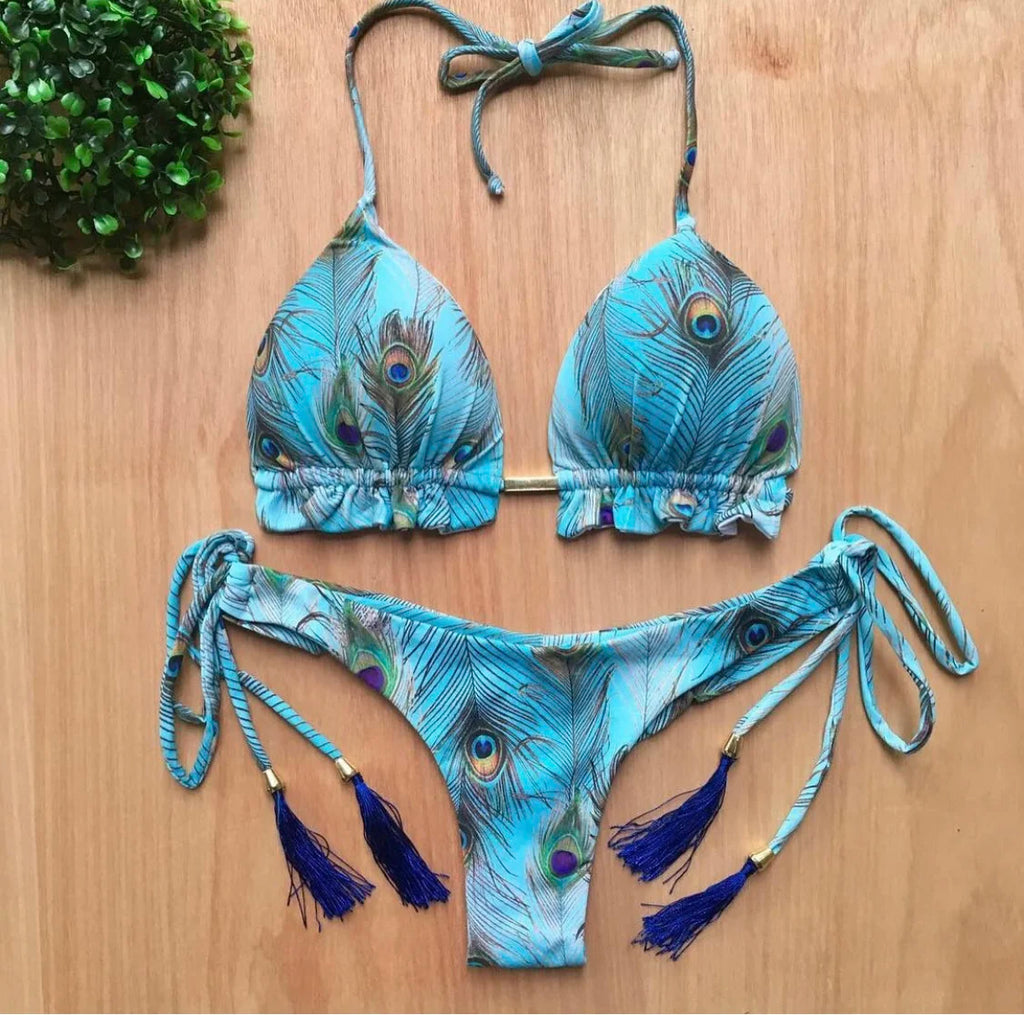 RUOTONGSEPT Sexy Micro Bikinis Set 2024 New Swimsuit Women Feather Print Bandage Swimwear Female Bathing Suit Brazilian Biquinis