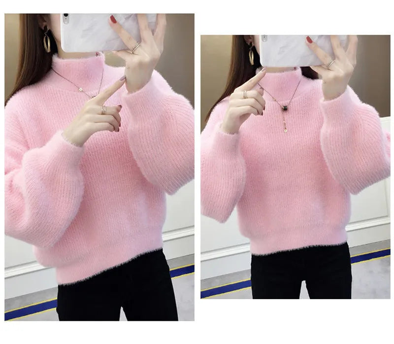 Autunno/Inverno Donna Maglione Pullover Nuovo Mezza Dolcevita Manica Lanterna Maglione Corto Imitazione Visone Pile Maglia Maglione Top