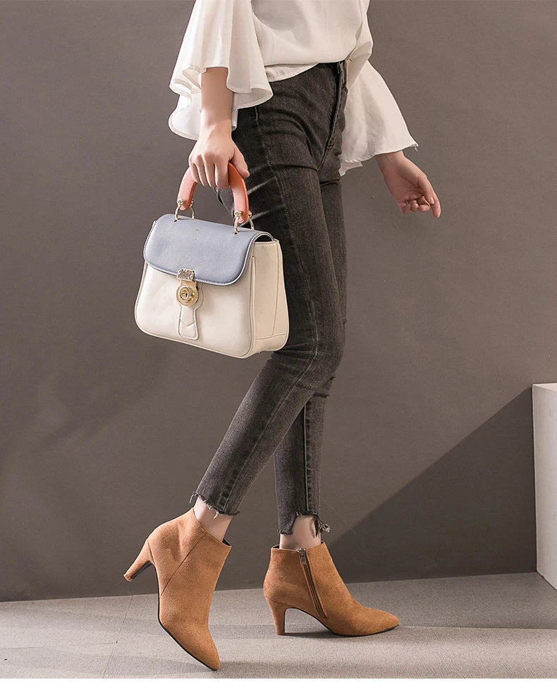 LazySeal 2025 New Luxury Leopard Women Boots Leather Winter Casual Shoes Hoof Heels Zip Pointed Toe Ankle Boots Big Size 43