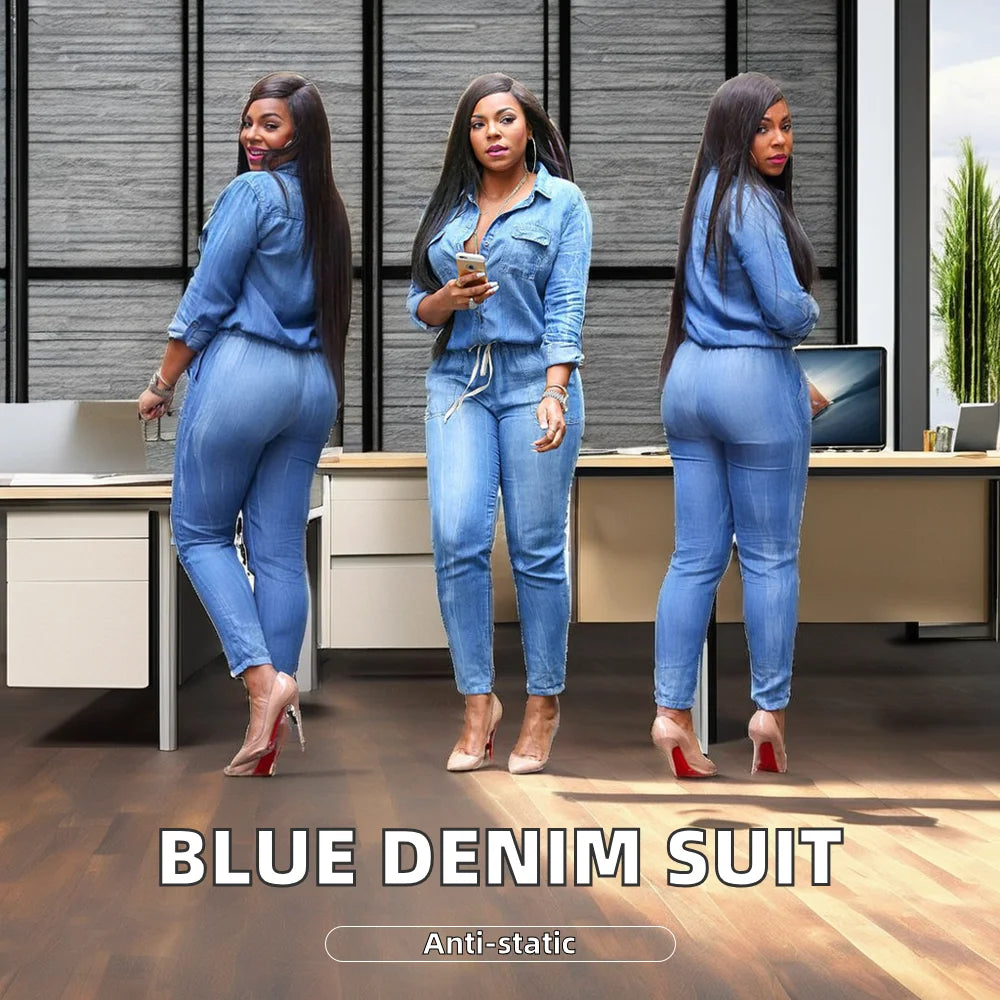 Lässiger Damen-Jeans-Overall in langer Ausführung mit hoher Taille und Strickgewebe, Bleistifthose und langen Ärmeln