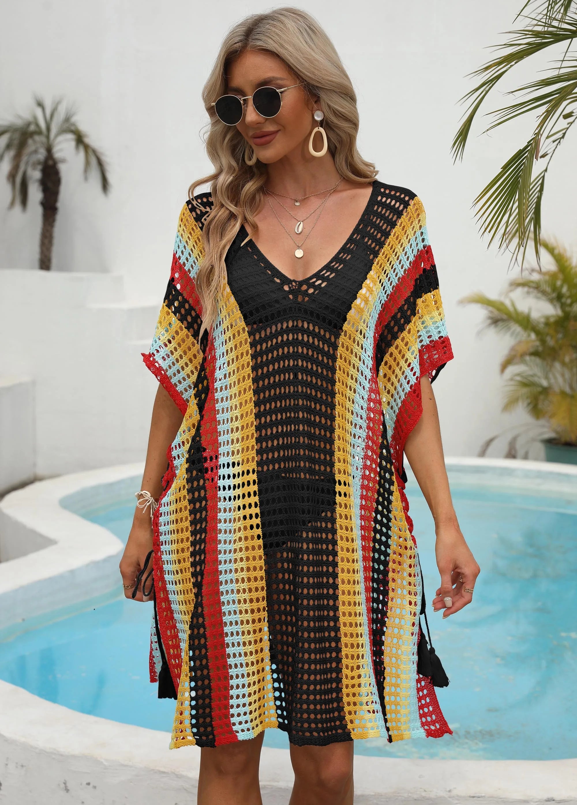 Manufacturer Custom Tunic Swimwear Cover V Neck Crochet Knitted Beach Wear Swimming Suit Bikini Kimono Beach Dress for Women