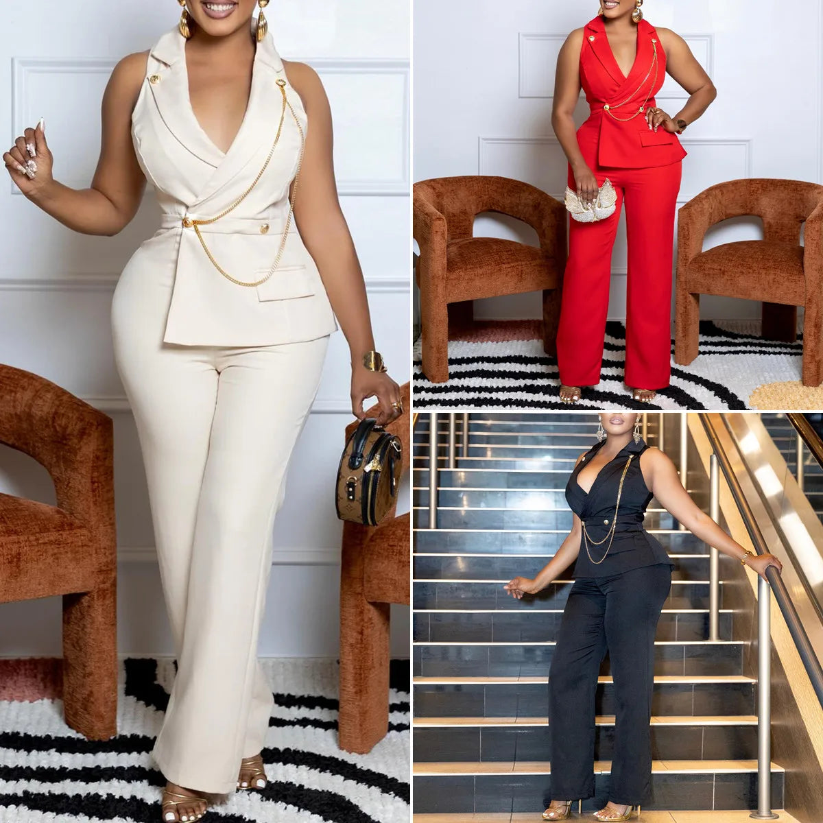 C8604 Latest Design African Jumpsuit Women Sexy Sleeveless V-neck Suit Collar Metal Chain Casual Wide Leg Jumpsuits for Ladies