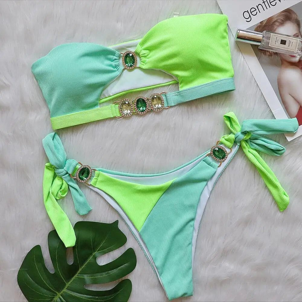 JSN9202108 Sexy Kristall-Diamant-Bikini, abnehmbares Brustpolster, Badeanzug, Spleiß-Brustgurt, geteilter Badeanzug
