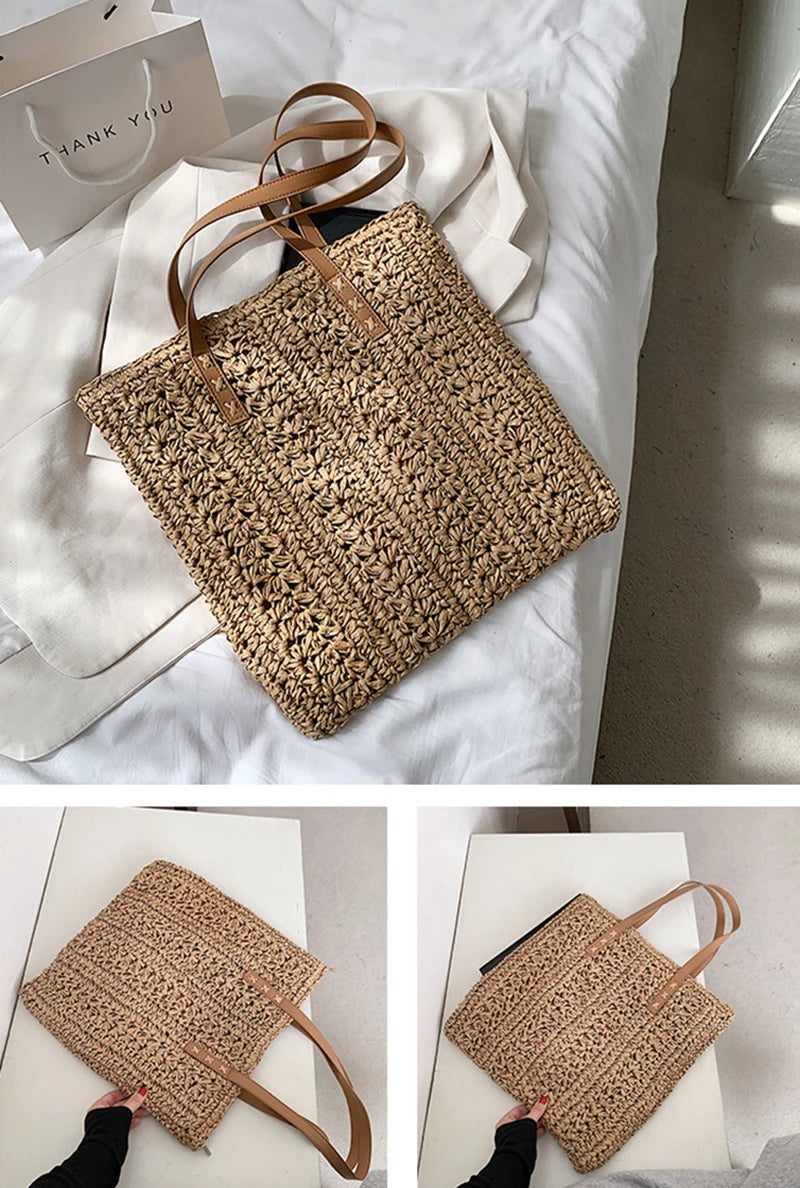 Borsa da spiaggia quadrata in paglia cava Borsa a tracolla intrecciata fatta a mano Borsa da viaggio per lo shopping in rafia in rattan Borsa casual per le vacanze estive bohémien