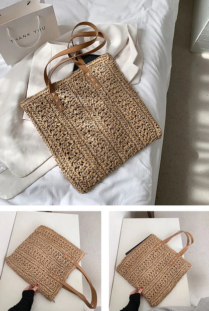 Borsa da spiaggia quadrata in paglia cava Borsa a tracolla intrecciata fatta a mano Borsa da viaggio per lo shopping in rafia in rattan Borsa casual per le vacanze estive bohémien