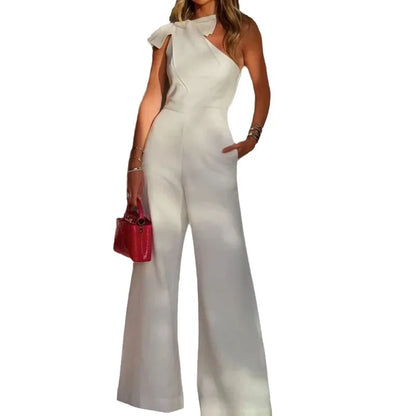 Boutique Großhandel 2026 Sommer Neue Mode Diagonale Schulter Hals Krawatte Taille Unifarbener Weiter Bein Damen Jumpsuit