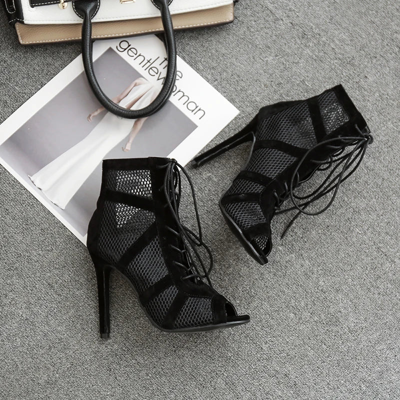 Bottes de danse latine de haute qualité en maille noire et daim, sandales sexy à lacets et talons hauts, fabriquées en usine.