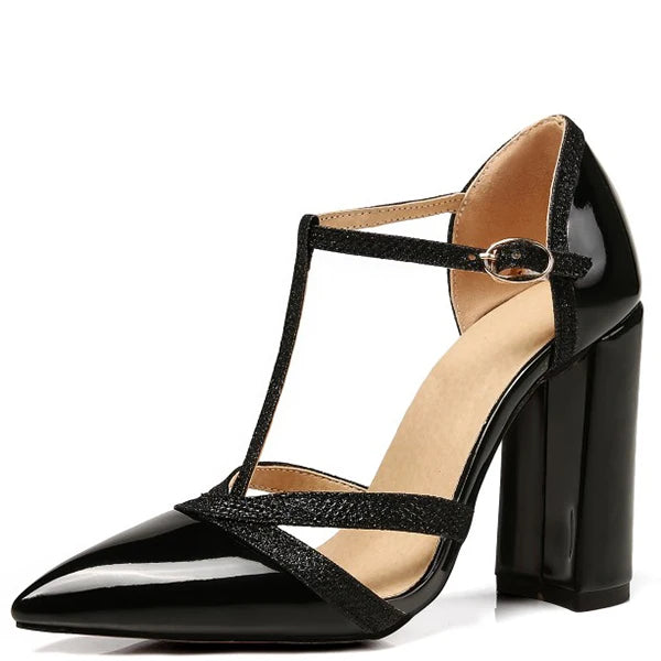 Big Size 47 Patent Leather Women Block High Heels Shoes for Evening Fetish Multi-colors Pointed Toe Pumps T-strap Sandals Ladies