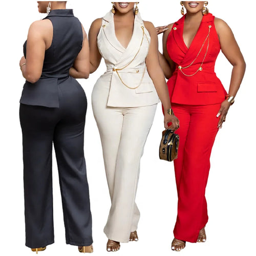 C8604 Latest Design African Jumpsuit Women Sexy Sleeveless V-neck Suit Collar Metal Chain Casual Wide Leg Jumpsuits for Ladies