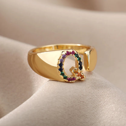 Anelli con lettera zircone arcobaleno per le donne Moda grosso lettera larga AZ anello in acciaio inossidabile matrimonio gioielli Boho spedizione gratuita