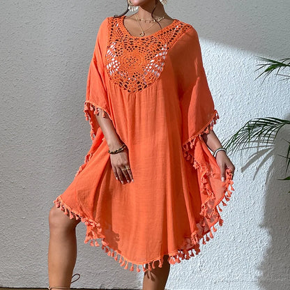 2024 Factory New Summer Women Bikini Cover up Tassel Handmade Crochet Tunic Loose Beach Blouse Dress Swimwear Beach Cover Ups