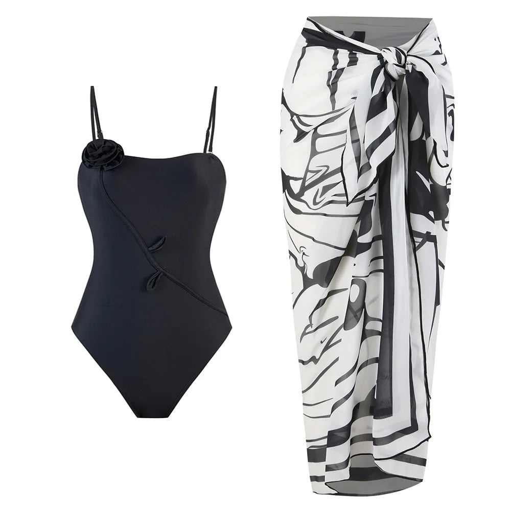 Hochwertiger Bademodenstoff Damen Print Sarong Badeanzug Strand Vertuschung Wickelrock Pareo 2-teiliger Bikini-Set Custom Logo Badeanzug