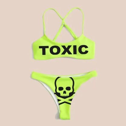 Ensemble bikini imprimé lettres gothiques punk, maillot de bain sexy 2023 pour femmes, motif tête de mort, col en V, maillot de bain tendance