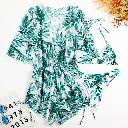 3 Piece Set Bikini New Summer Women Sexy Bikini Loose Beach Spaghetti Strap Bra Jumpsuit Suits Printed Swimwear Bikini
