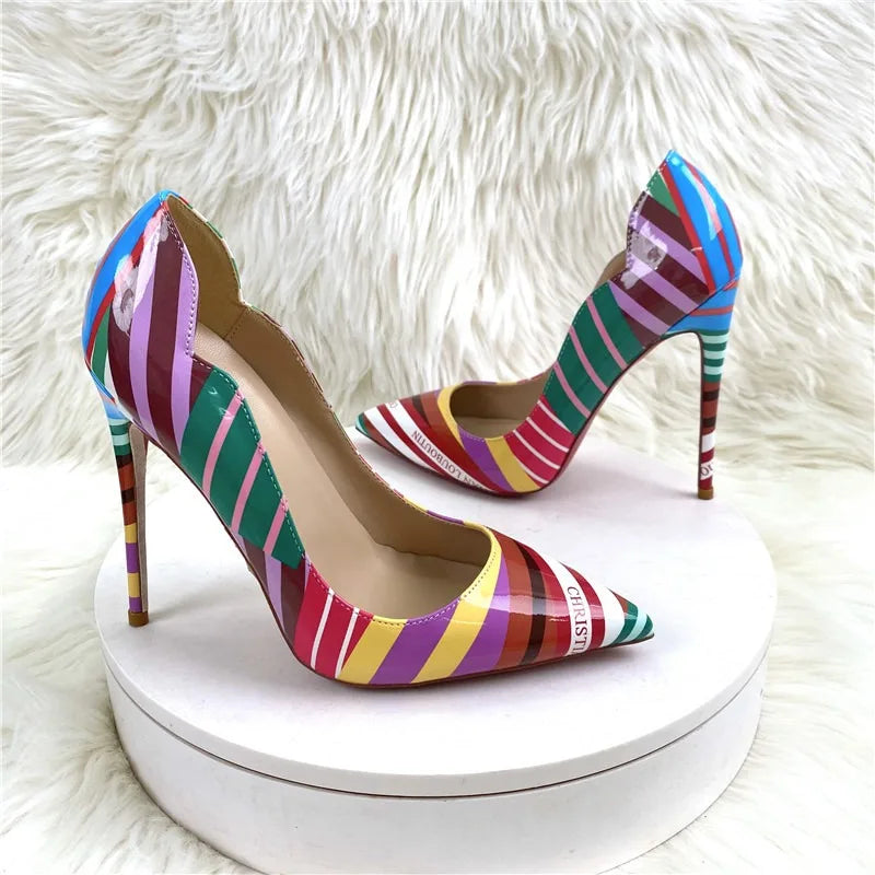 Luxury Women's  High Heels Graffiti Pointed Pump Design Mixed Colors Slip-On Closure Street Sandals for Summer