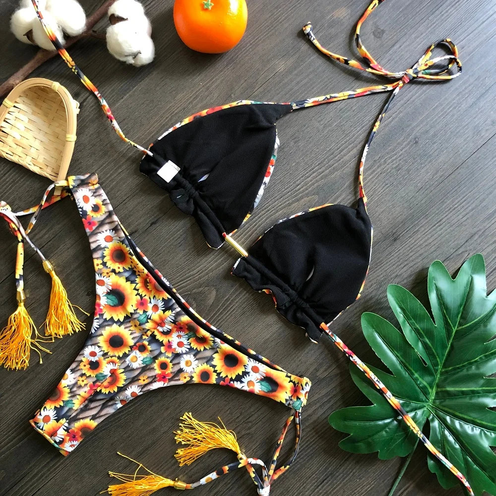 RUOTONGSEPT Sexy Micro Bikinis Set 2024 New Swimsuit Women Feather Print Bandage Swimwear Female Bathing Suit Brazilian Biquinis