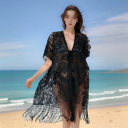 Seaside Resort Style Bikini V-Ausschnitt Cardigan Strandmode A-Linie Atmungsaktives transparentes Kleid Quaste Seaside Damen Spitzen-Cover-up-Kleider