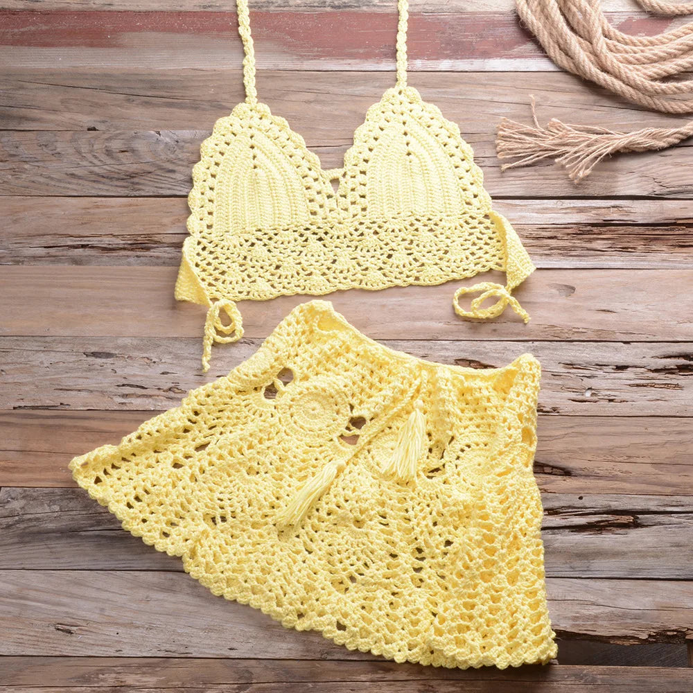 Custom Crochet Swimwear Women's Halter Top Tie Side Swimsuits 2 Piece Beachwear Set Beach Cover up Crochet Bikini