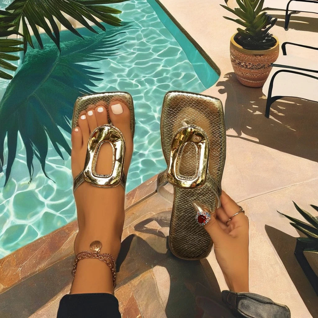 Women's Elegant Summer Beach Sandals Low Heel Square Button Flip Flops Slippers Slip-On Anti-Slip Breathable for Outdoor Use
