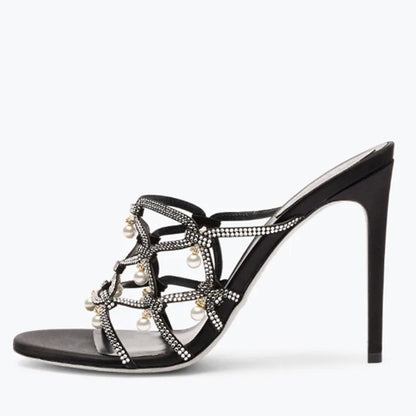 Sandales à talons hauts et fins pour femmes, chaussures d'été à lanières croisées avec strass, mules à talons aiguilles et perles.