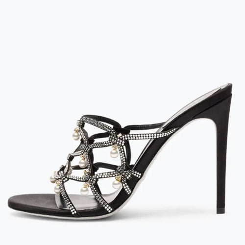 Sandales à talons hauts et fins pour femmes, chaussures d'été à lanières croisées avec strass, mules à talons aiguilles et perles.