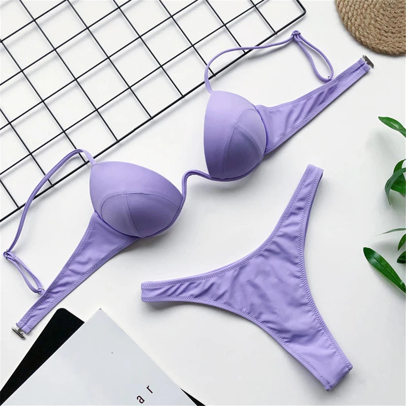 New Sexy V-bar Underwired Bra Push up Bikini Women Swimwear Female Swimsuit Two-pieces Set V Wire Bather Bathing Suit Swim