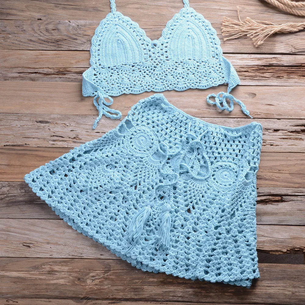 Custom Crochet Swimwear Women's Halter Top Tie Side Swimsuits 2 Piece Beachwear Set Beach Cover up Crochet Bikini