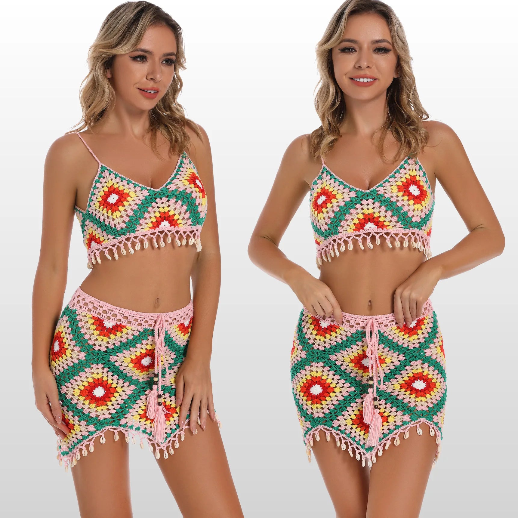 Handgemachter Häkelbikini Strand Granny Square Minirock Muschel Schwimmanzug Textur Strickbikini