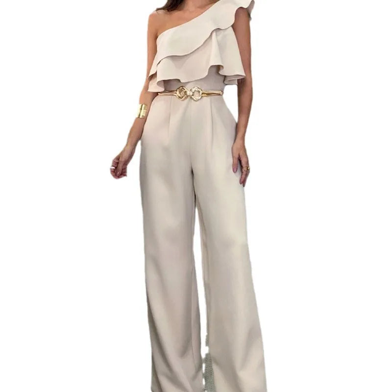 Boutique Wholesale 2025 Autumn New Fashionable Shoulder Lotus Leaf Edge Slim Fit Women's Jumpsuit