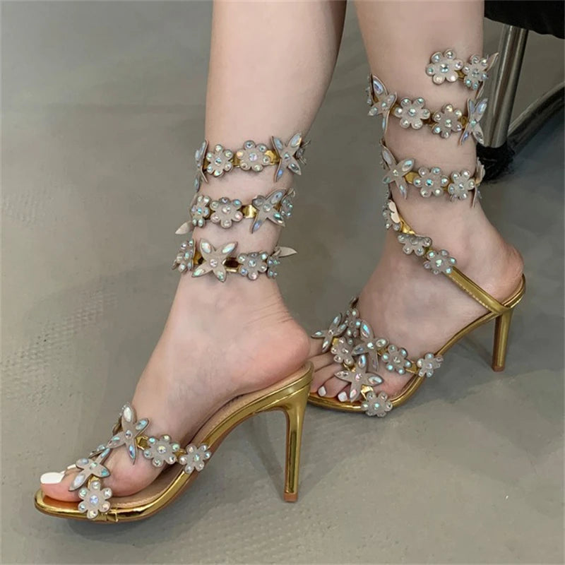 Customized Women's High Heel Peep Toe Ankle Strap Sandals Sparkling Crystal Butterfly Design Fashion Trend for Summer Parties