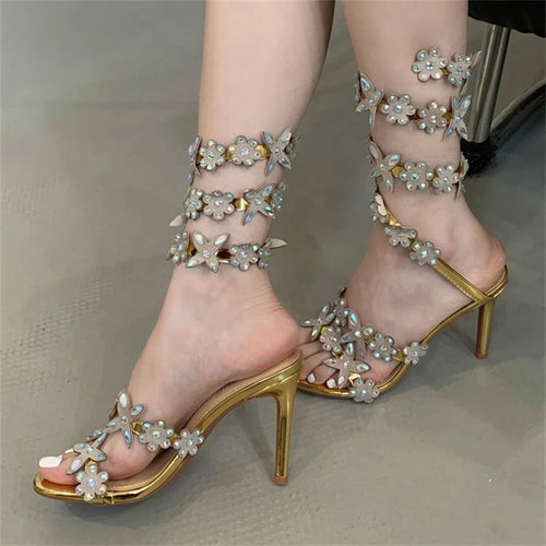 Customized Women's High Heel Peep Toe Ankle Strap Sandals Sparkling Crystal Butterfly Design Fashion Trend for Summer Parties