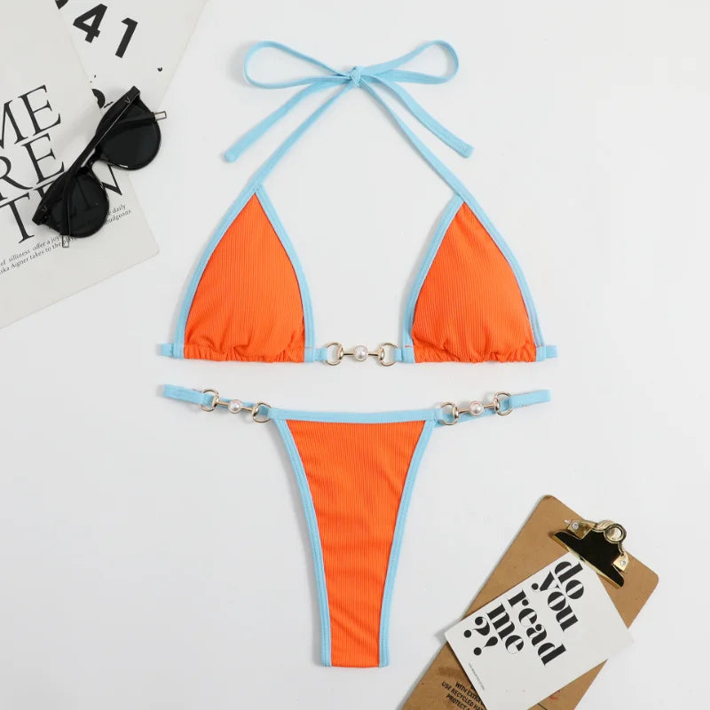 2025 Neuer Push-Up Geblümter Unifarbener Tanga 2-teiliges Set V-Ausschnitt Rippenbesatz Neckholder Bikini Spandex/Nylon Atmungsaktiv Schnelltrocknend Sexy