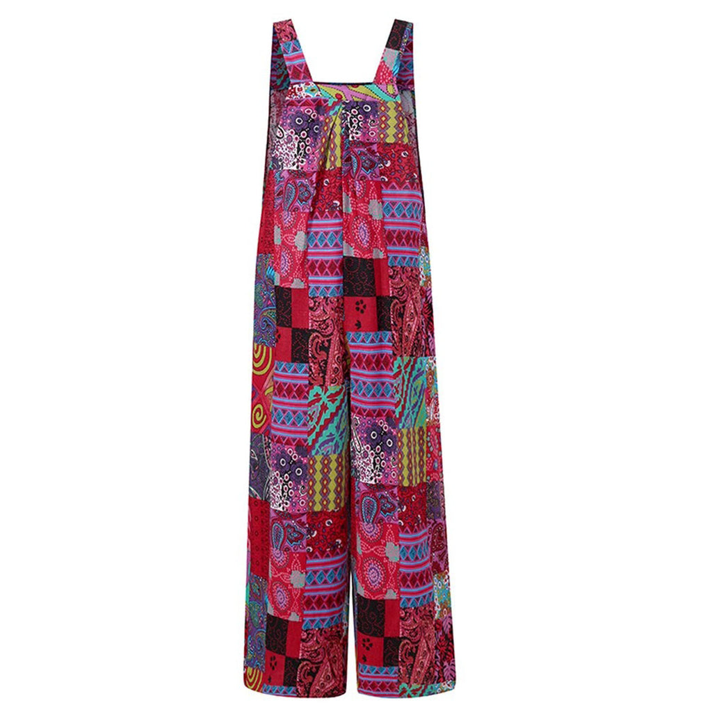 Tute da donna stile etnico tute estive pagliaccetti Casual senza maniche con collo quadrato multicolore con tasche per tuta da ragazza