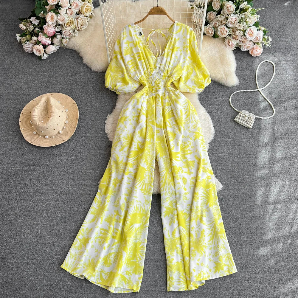Boutique Wholesale 2025 Summer New Fashionable V-neck Casual High Waist Slimming Printed Straight Leg Women's Jumpsuit
